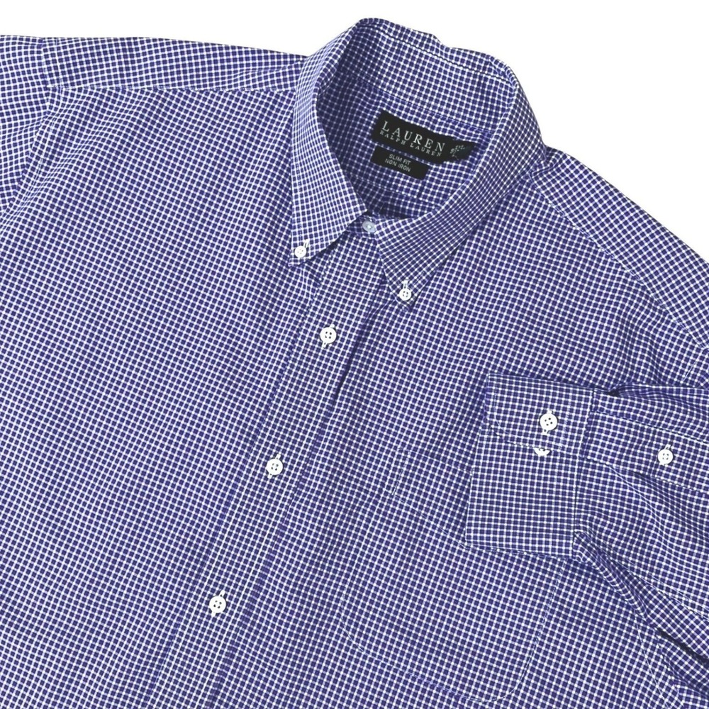 Lauren Ralph Lauren Mens Dress Shirt 18 34/35 Purple Gingham Slim Fit Non Iron